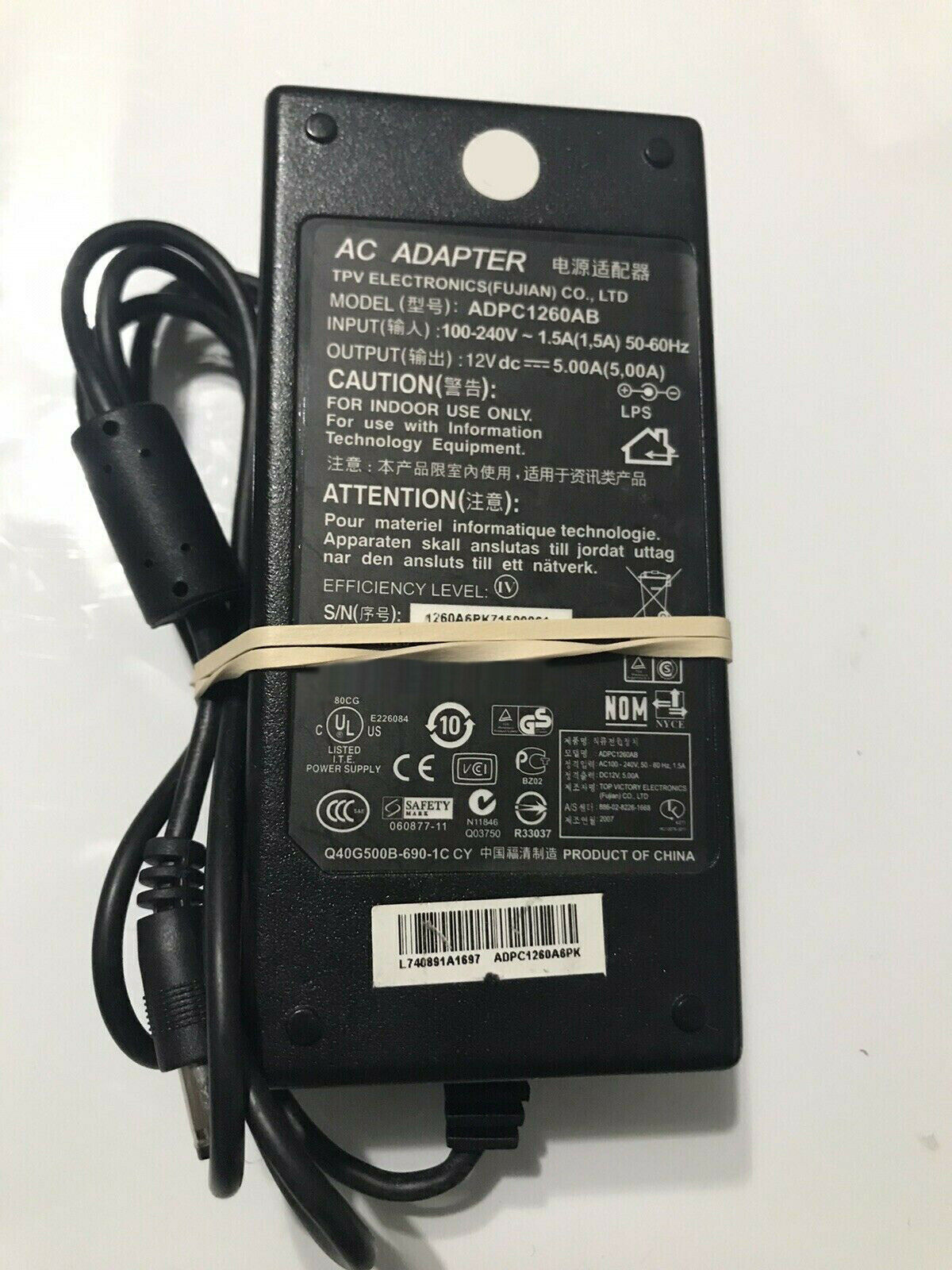 *Brand NEW*Genuine OEM TPV ELECTRONICS ADPC1260AB 12V DC 5A AC ADAPTER